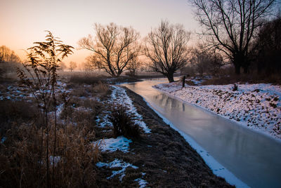 Snow covered landscape against sky during sunset