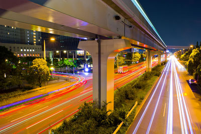 Light trails on road in city at night