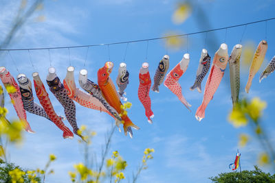 Low angle view of fish decorations hanging against sky