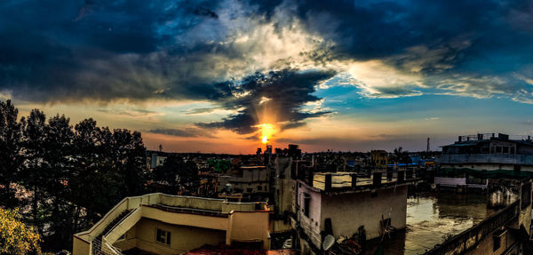 High angle view of townscape against sky during sunset