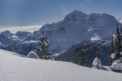 Scenic view of snowcapped mountains against sky