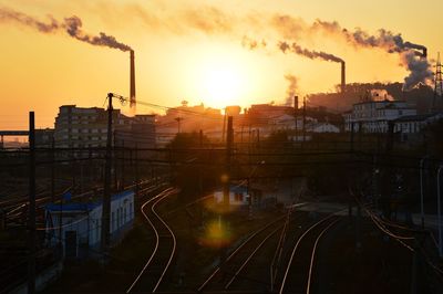 Railroad tracks in city against sky during sunset