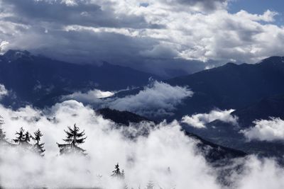 Scenic view of mountains against cloudy sky