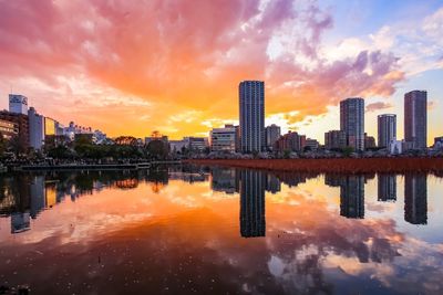 Reflection of buildings in city during sunset