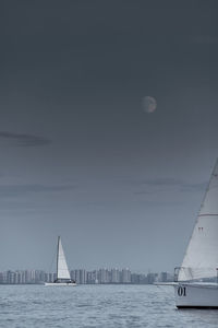 Sailboat sailing in sea against clear sky