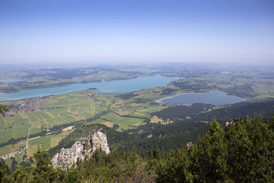 Panorama of bavarian lake forggensee from above, tegelberg