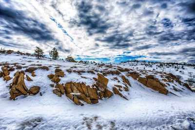 Scenic view of snow covered land against sky