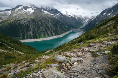 Schlegeis stausee lake view from mountain hiking path trail. zillertal, austria, europe