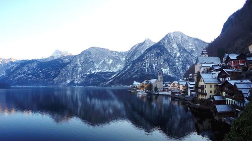 Scenic view of lake by buildings against sky