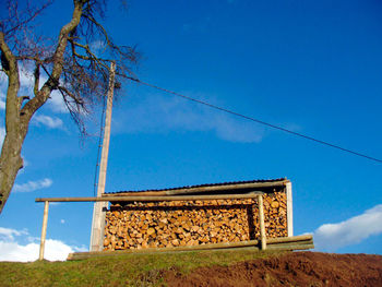 Built structure on field against clear blue sky