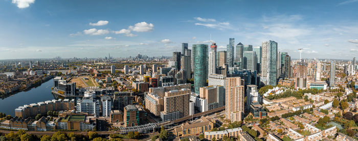 Aerial panoramic skyline view of canary wharf, the worlds leading financial district in london, uk.