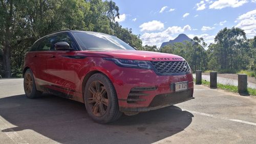 Red car on road by trees