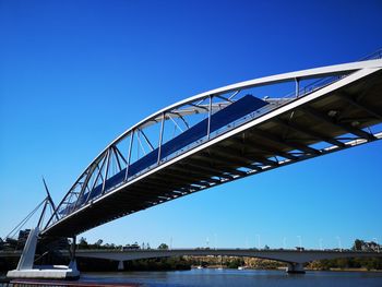 Low angle view of bridge against clear blue sky