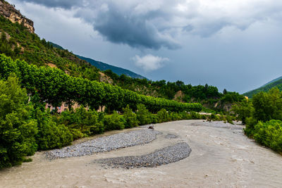 Scenic view of a mountain river against sky