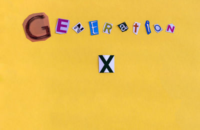 Close-up of sign against yellow background