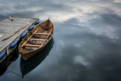 Close-up of boat moored against sky