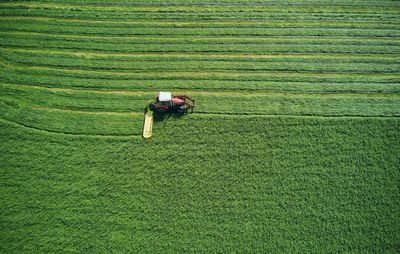 Small tractor making level harrows on field