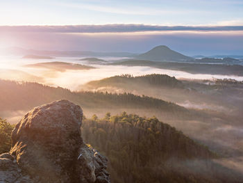 Scenic view of mountains against sky during sunset