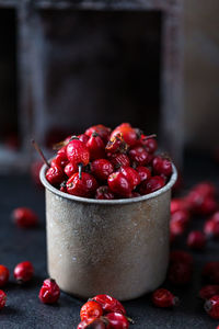 Dried rosehip fruits on the table