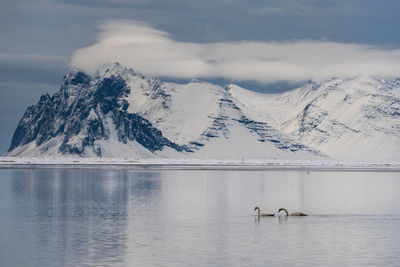 Scenic view of lake and snowcapped mountains during winter