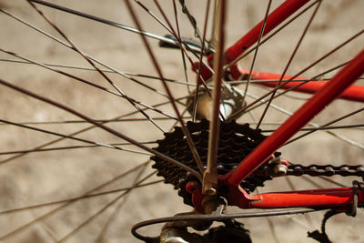 High angle view of red bicycle wheel