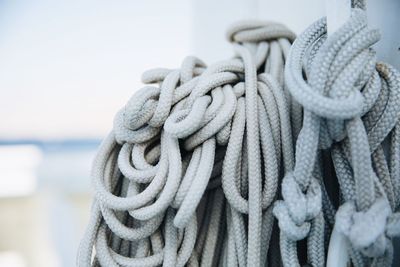 Close-up of ropes tied on pole