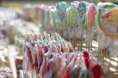 Close-up of colorful candies for sale in market