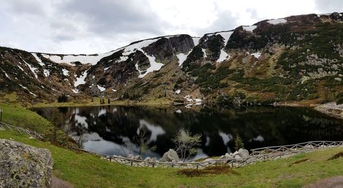 Scenic view of lake and mountains against sky