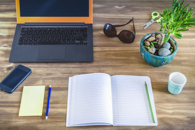 High angle view of laptop on table