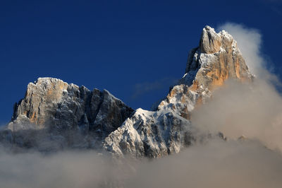 Low angle view of snowcapped mountain against clear sky