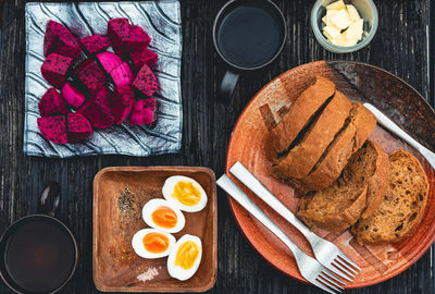 High angle view of breakfast served on table