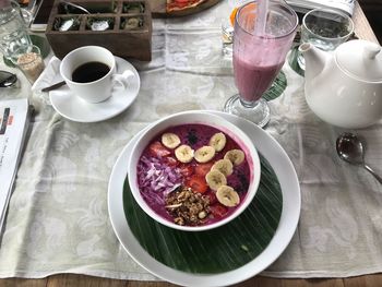 High angle view of breakfast served on table