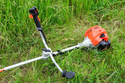 High angle view of stuffed toy on field