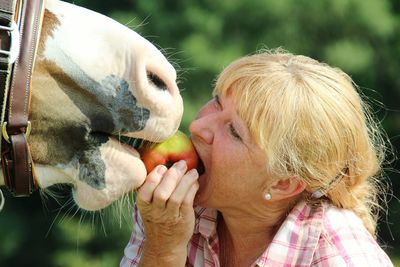 Close-up of woman and a horse eating one apple