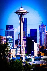 Modern cityscape against blue sky