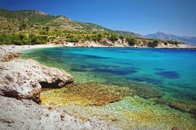 Scenic view of sea with mountains in background