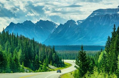 View of road amidst trees against mountains