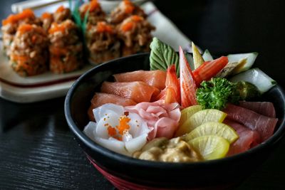 High angle view of japanese food served on table