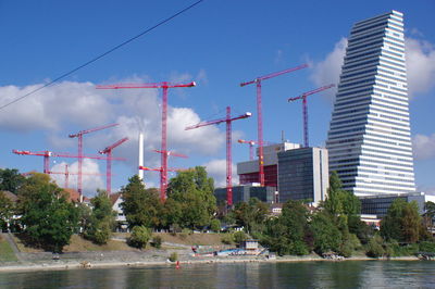 Panoramic view of city by river against sky