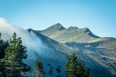 Scenic view of mountains against clear blue sky