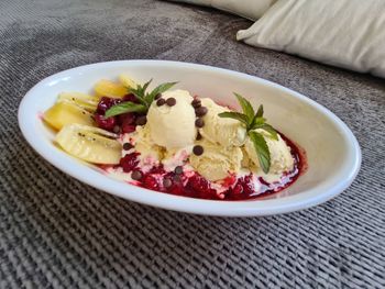 High angle view of breakfast served on table