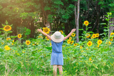 Rear view of woman with arms raised standing by sunflowers on field