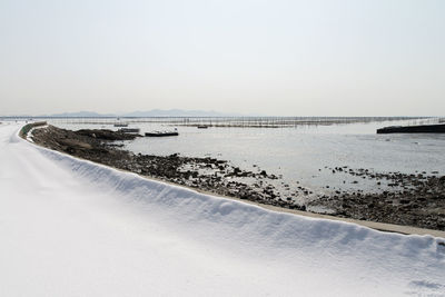 Scenic view of sea against clear sky during winter