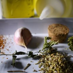 Close-up of food served on table