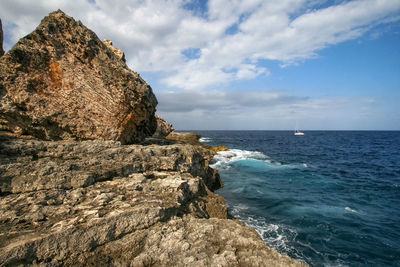 Scenic view of cliff by sea against sky