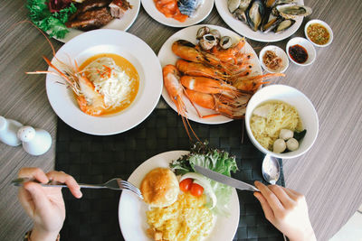 High angle view of food served on table