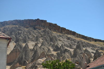 Low angle view of mountain against blue sky