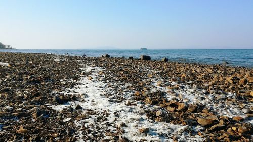 Scenic view of sea against clear sky