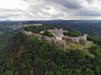 Aerial view of königstein fortress the saxon bastille, a hilltop fortress near dresden, germany, 