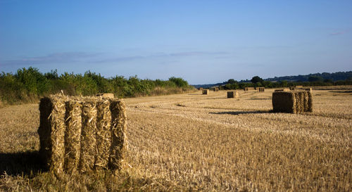 Hay bales on field against clear blue sky